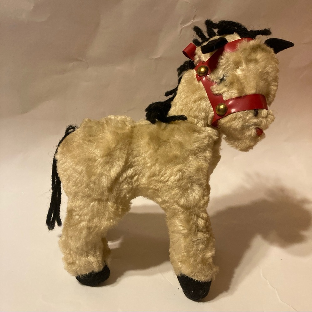 Vintage Handmade Tan Horse Stuffed Animal Black Yarn Mane & Tail Red Halter
